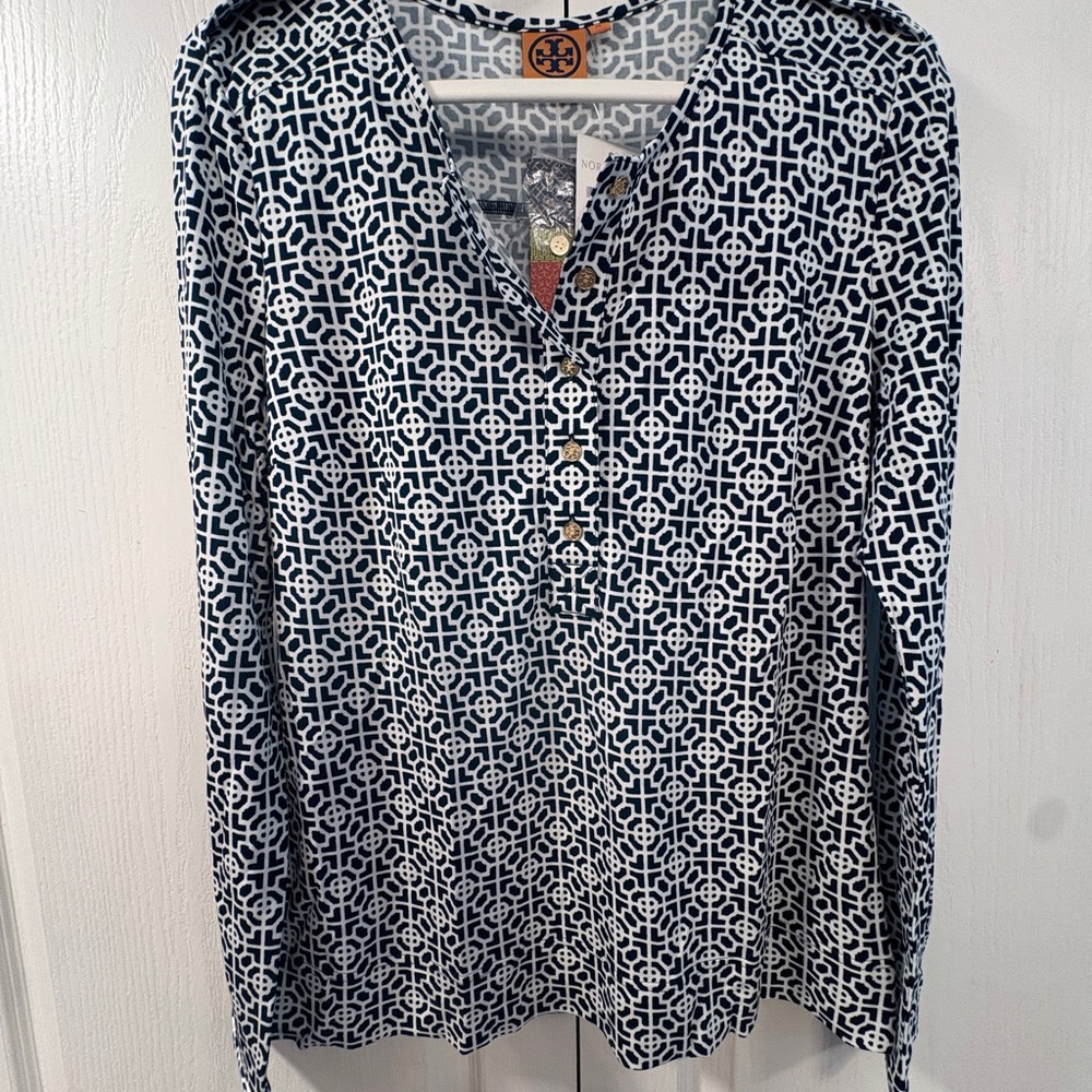 Tory Burch Geometric Navy and White Long Sleeve Top